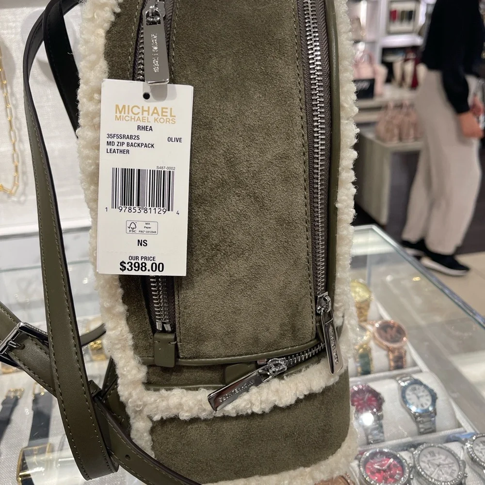 MICHAEL KORS Rhea Medium Suede and Faux Shearling Backpack Olive NWT